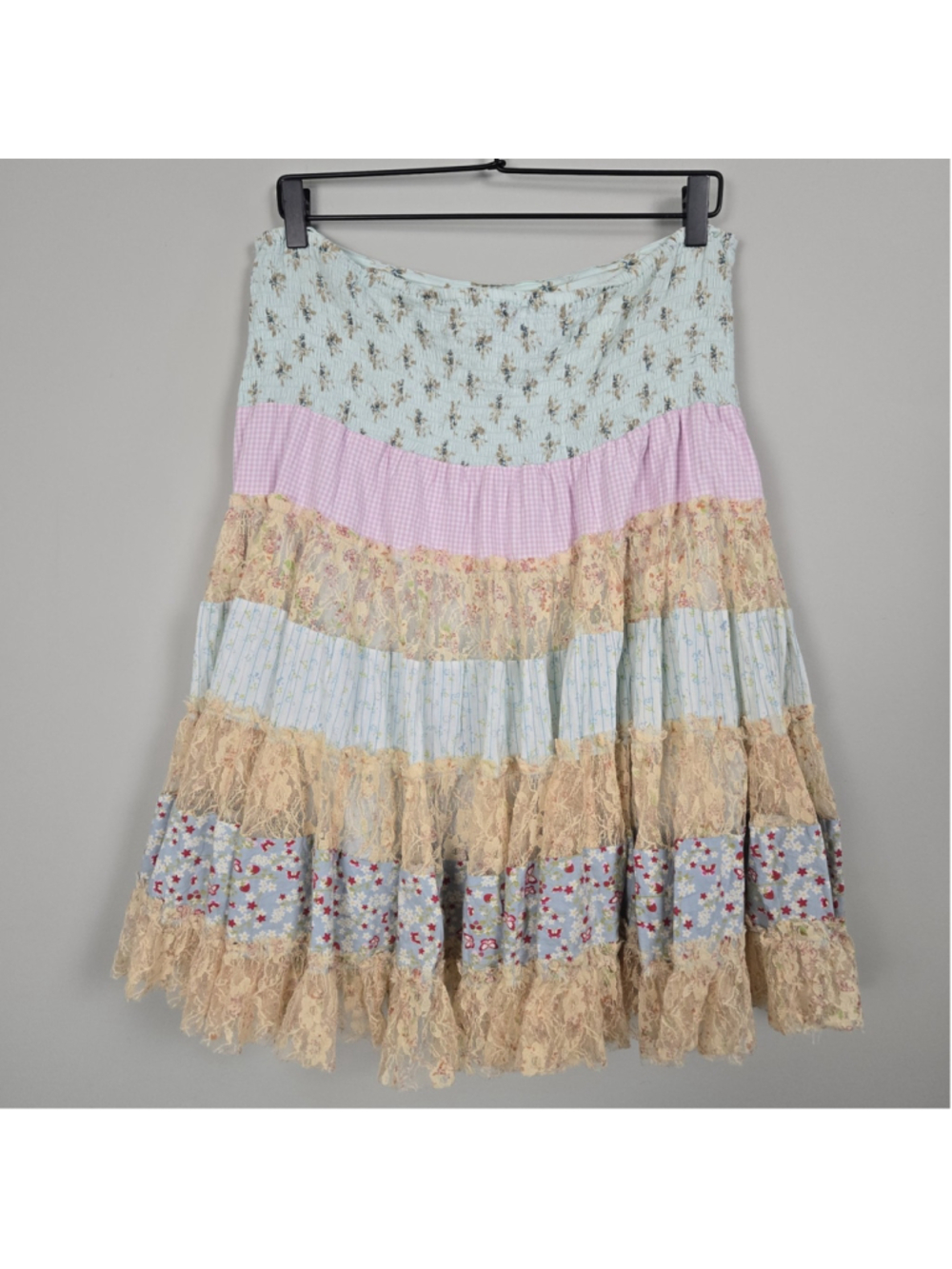 Luna Luz Womens Patchwork Lace Tiered Midi Skirt Medium Boho Cottage Prairie - Picture 2 of 7